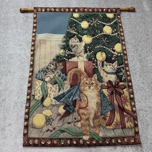 Vintage gewebter Wandteppich Wandbehang Katzen Kätzchen Weihnachtsbaum Holz Stab 36”x25” - Bild 1 von 8