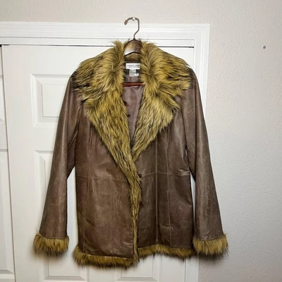 Vintage Newport News Penny Lane Coat Leather Jacket Womens M Faux Fur 70s - Image 1 of 4