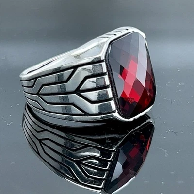 925 Silver Red Ruby Stone Men Handmade Ring - Image 1 of 4