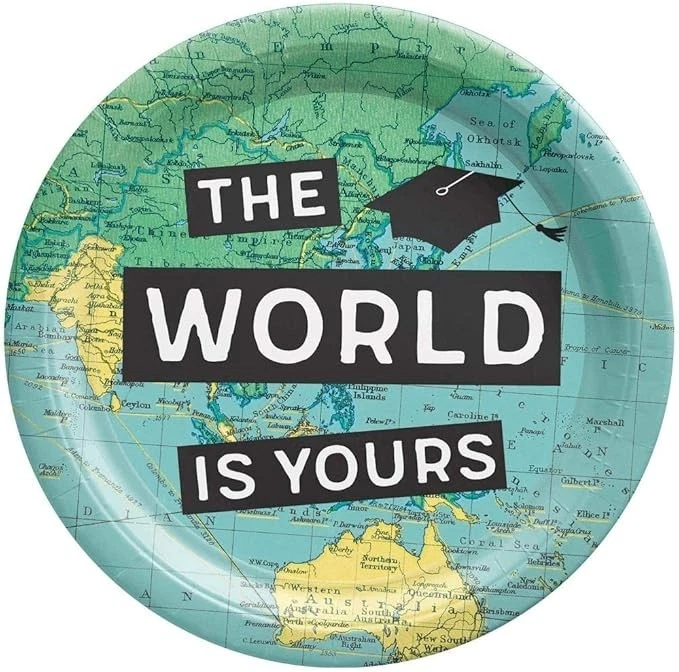 Круглые бумажные тарелки карта мира выпускной - 18 шт. / 10 1/2" - Изображение 1 из 1