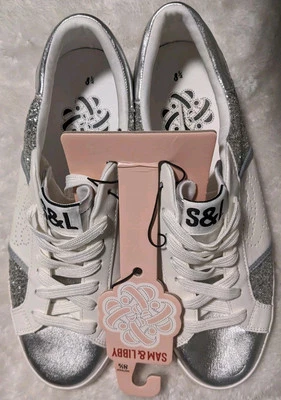 Zapatilla deportiva Sam & Libby para mujer talla 8,5 Alina brillo blanca y plateada con cordones NUEVA Foto 1 de 4