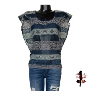 6Degrees Vintage Y2K blau grau Spitze Top hinten offen Flatterärmel Medium Shirt - Bild 1 von 6