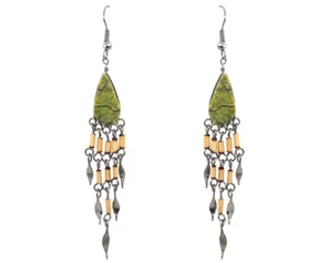Teardrop Gemstone Cabochon Long Wooden Bamboo Metal Dangle Earrings Boho Jewelry - Picture 1 of 1