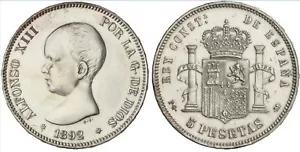 SPAIN KM# 689 ALFONSO XIII 5 PESETAS 1892 *18 *92 PG-M CAL.99 PLATA SILVER - Imagen 1 de 1