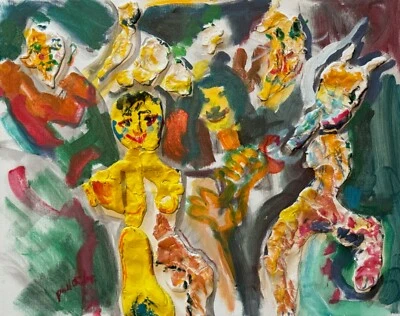 Vintage Mixed Media Figural Multi-color Painting Art Wall Hanging Signed Pollack - Image 1 of 4