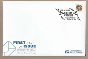 US 5426 Holiday Wreaths Gold & Red Ribbon Ceremony Program FDC 2019 - Picture 1 of 3
