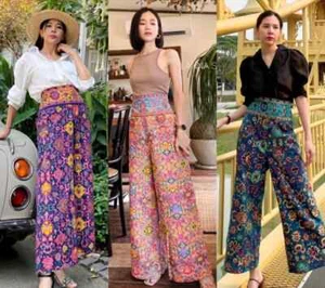 Women's Long Pants Cotton Multi-Color Thai Batik Sarong Floral Pattern Free Size - Picture 1 of 13