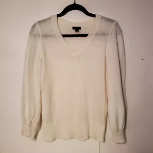 Ann Taylor Womens Size S White Knit Sweater Long Sleeve Vneck Puff Sleeves Small - Picture 1 of 9