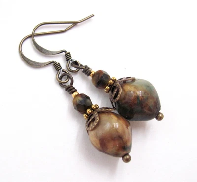 Autumn Brown Earrings Antiqued Brass Boho Bohemian Beaded Dangle Gift Birthday - Image 1 of 4