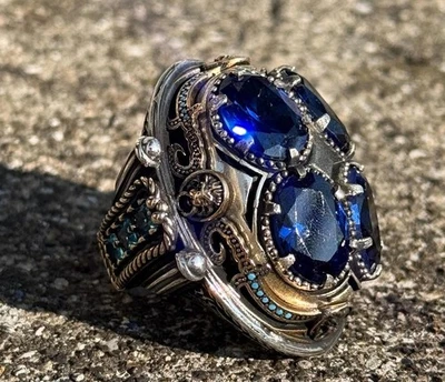 Anillo de zafiro y aguamarina turco hecho a mano con piedra de zafiro oscuro 925 para hombre Foto 1 de 4