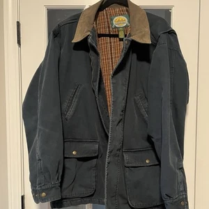 Cabela's Chore Work Utility Coat Jacket Blanket Lined Men XL Navy Leather Collar - Picture 1 of 11
