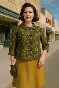 Vintage Worth Jacke Gr. 12 Grün Gold Blumen Brokat 3/4 Arm Retro - Bild 1 von 7