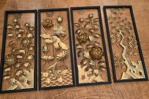 Vtg MCM 4 PCS Wall Art 3D Brass Tone Metal, Wooden Black Frame 20x8 *Read Flaws - Picture 1 of 23