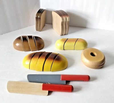 Wooden Food Play Set Pretend Various Breads and Knives Kitchen Montessori 21pc - Изображение 1 из 4