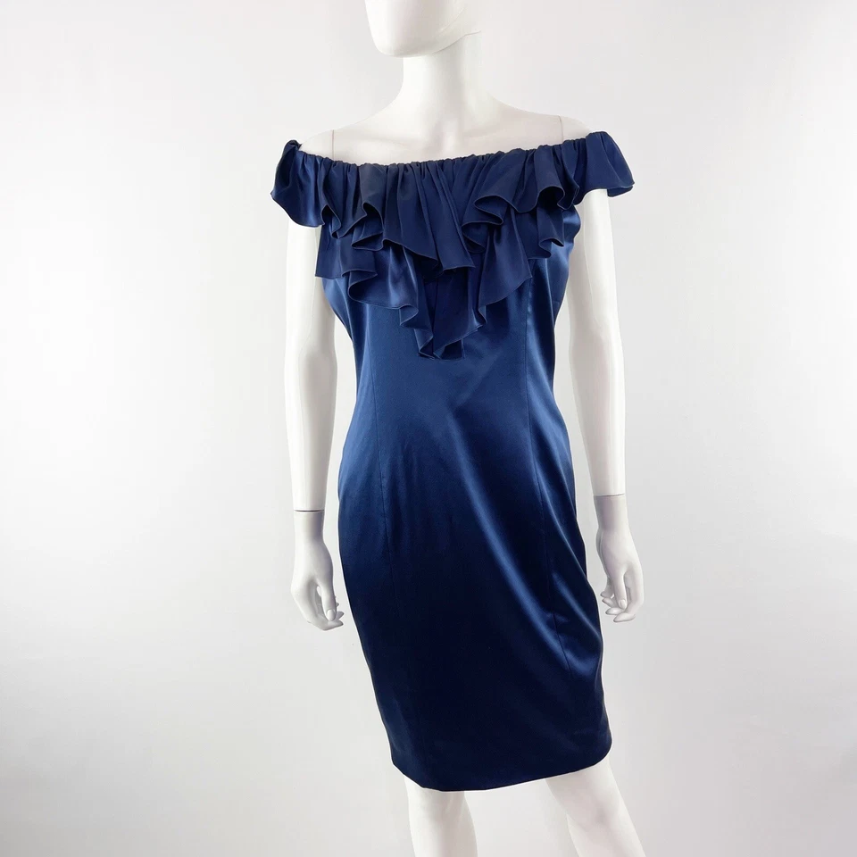 Marc Bouwer Glamiti Navy Blue Off the Shoulder Cocktail Dress Size 10 Ruffles - Image 1 of 4