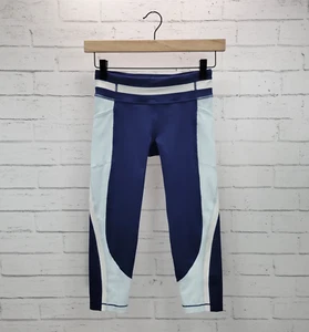 Athleta Girl Colorblock Capri Leggings Size L 12 Pockets Dark Light Blue White - Picture 1 of 12