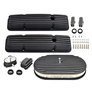 For Chevy SBC 350 58-86 Finned Short Valve Cover & 15" Air Cleaner & Breather BK - Picture 1 of 12