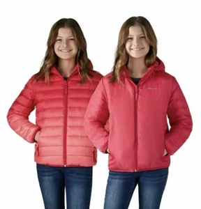Sz L 14-16 GIRLS Eddie Bauer Reversible Hooded Down Jacket Coat Red Pink Kids - Picture 1 of 12