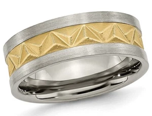 Mens Titanium 8mm Brushed Wedding Band Ring with Yellow Plating - Picture 1 of 5