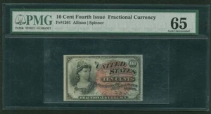 1869-75 10 CENTS FRACTIONAL CURRENCY FR-1261 CERTIFIED PMG "GEM UNCIRCULATED 65" - Picture 1 of 2