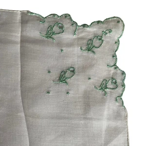 Handkerchief White Hankie Floral Flowers Embroidered Green Linen 11x10.75” - Picture 1 of 5