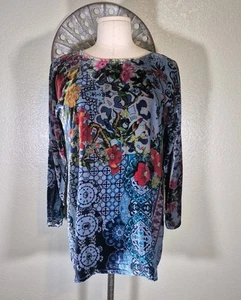 Johnny Was Glen Dolman Samt Damen Gr. M Blau Burgund Seide Viskose Top - Bild 1 von 6