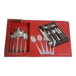 Stainless Steel Flatware 42p Service For 6 With Wooden Caddy New In Box - Picture 1 of 6