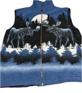 Vintage Polar Grafik durchgehender Reißverschluss Fleece Weste mit Taschen Elch Mond Herren Large USA - Bild 1 von 11
