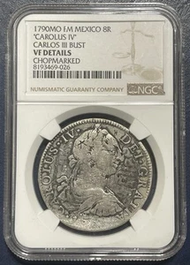 1790 MO FM MEXICO SILVER 8 REALES “CARLOS “III BUST NGC VF DETAILS CHOPMARKED - Picture 1 of 6