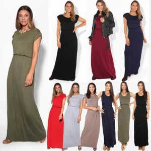 Women Summer Dress Ladies Plain Maxi Crew Neck Stretch Loose Long Tog Casual - Picture 1 of 47