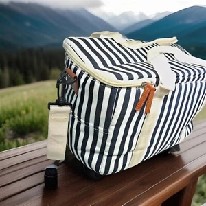 BEACH DSW PICNIC/ CAMPING COOLER TOTE BAG WITH WHITE & NAVY STRIPES - Picture 1 of 8