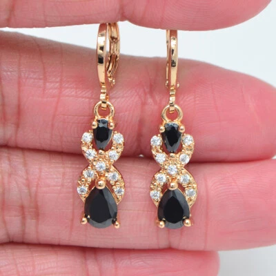 Ювелирные изделия женские серьги-подвески из желтого золота 18 карат с черным мистическим топазом и каплей - Изображение 1 из 4