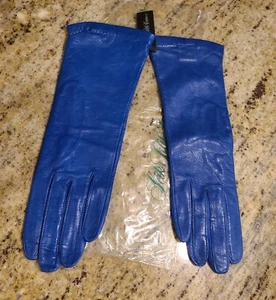 Neu! Saks 5th Ave Damengröße M weiches blaues Leder Seide gefüttert 11" lange Handschuhe... - Bild 1 von 19