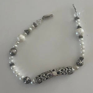 Vintage 925 Sterling Silver Filigree Pearl Beaded Bracelet - Picture 1 of 4