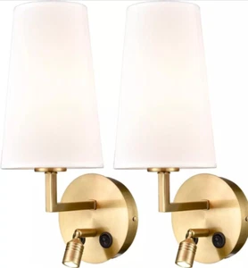 Gold Wall Sconces Set of Two Modern Brass Wall Lamp with Fabric Shade, USB Sconc - Picture 1 of 8