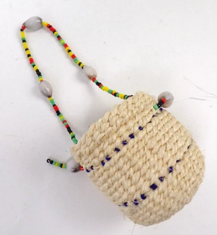 Vtg Tiny Miniature Handmade Hand Woven 2 1/4" Hanging Basket Seed Bead Handle Cover