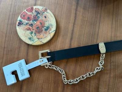 ¡Nuevo! Cinturón Michael Kors Mujer Oro Swag Cadena Grande Negro Cuero Genuino Foto 1 de 4