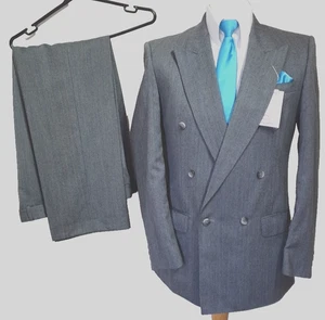 Vintage Grey Herringbone mens Double Breasted Suit 38"R W32” L29.5” by Pinstripe - Picture 1 of 15
