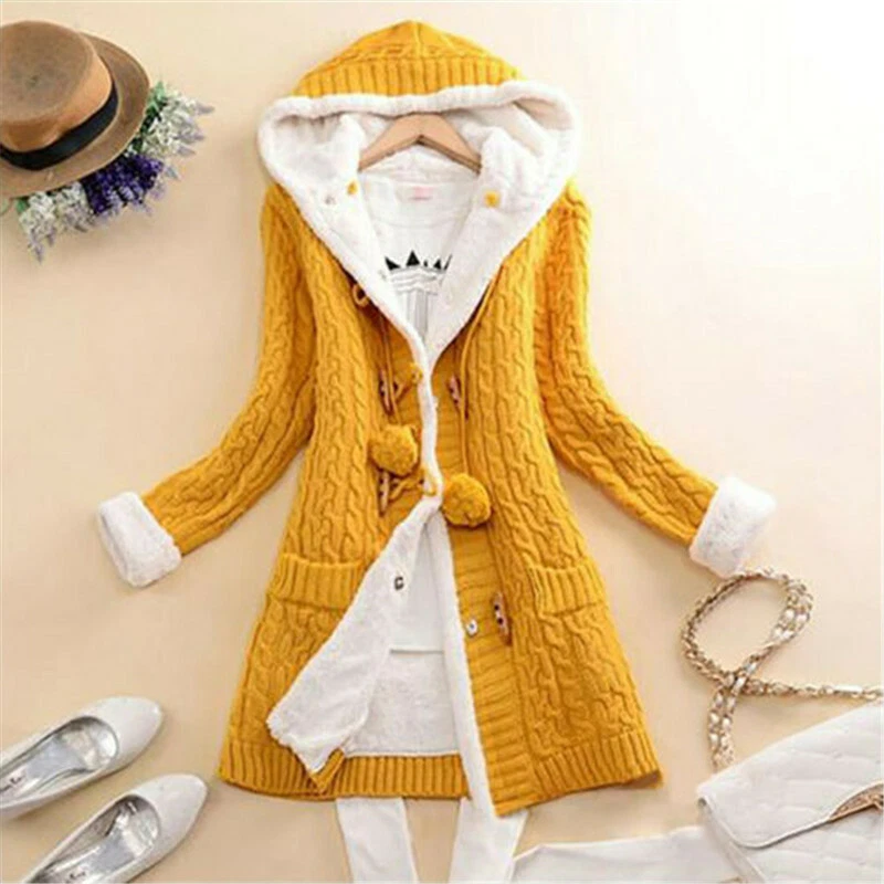 Women's Warm Hooded Knit Sweater Cardigan Coat Long Sleeve Outwear Winter Jacket - Image 1 of 4