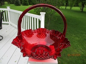 FENTON RED HOBNAIL 12 INCH HANDLED BASKET - Picture 1 of 3