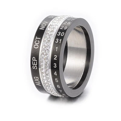 Anillo Giratorio Acero Inoxidable Circonita Banda Ancha Número Mes Oro Plata Z727 Foto 1 de 3