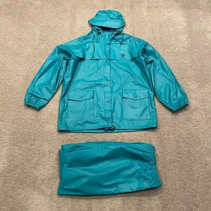 Vintage Columbia Rain Suit Womens XL Blue 90s PVC Waterproof Jacket Pant Outdoor - Picture 1 of 24