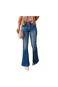 Basic Classic Bell Bottom Flared Button Fly Denim Mid Rise Blue Jeans size 14 - Picture 1 of 12