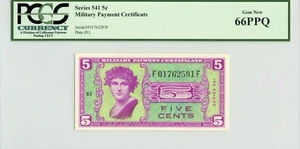 US Military Payment Certificate 5 Cents (1958-1961) Series 541 - PCGS UNC 66 PPQ - Picture 1 of 2