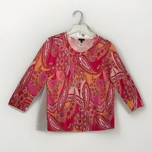 TALBOTS maglione cardigan donna taglia Lp large petite manica 3/4 rosa paisley - Foto 1 di 8