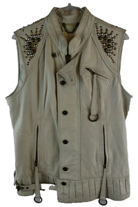 Diesel Womans Soft White Lether Vest Gilet Studded Size L Vintage Biker Rock - Picture 1 of 9