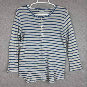 FITH Fine Method Blue Stripe Linen Blend Henley Top Long Sleeve Shirt Japan - Picture 1 of 6