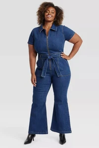 Women's Short Sleeve Denim Jumpsuit - Ava & Viv 426-14 - Picture 1 of 4