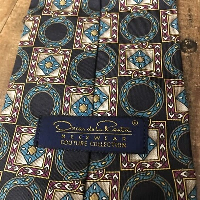 Галстук Oscar De La Renta 100% шелк роскошный галстук синий геометрический винтажный - Изображение 1 из 4