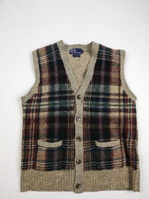 Chaleco Suéter Vintage Polo Ralph Lauren Para Mujer XL Cuadros 100% Lana Agujeros Defectuosos Foto 1 de 4